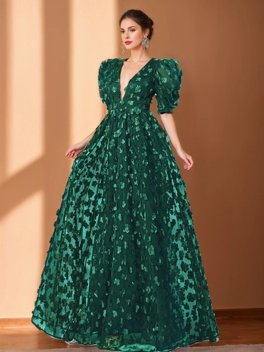 A-Line/Princess V-Neck Half Sleeves Chiffon Evening Dresses with Floral Embroidery BabaMila