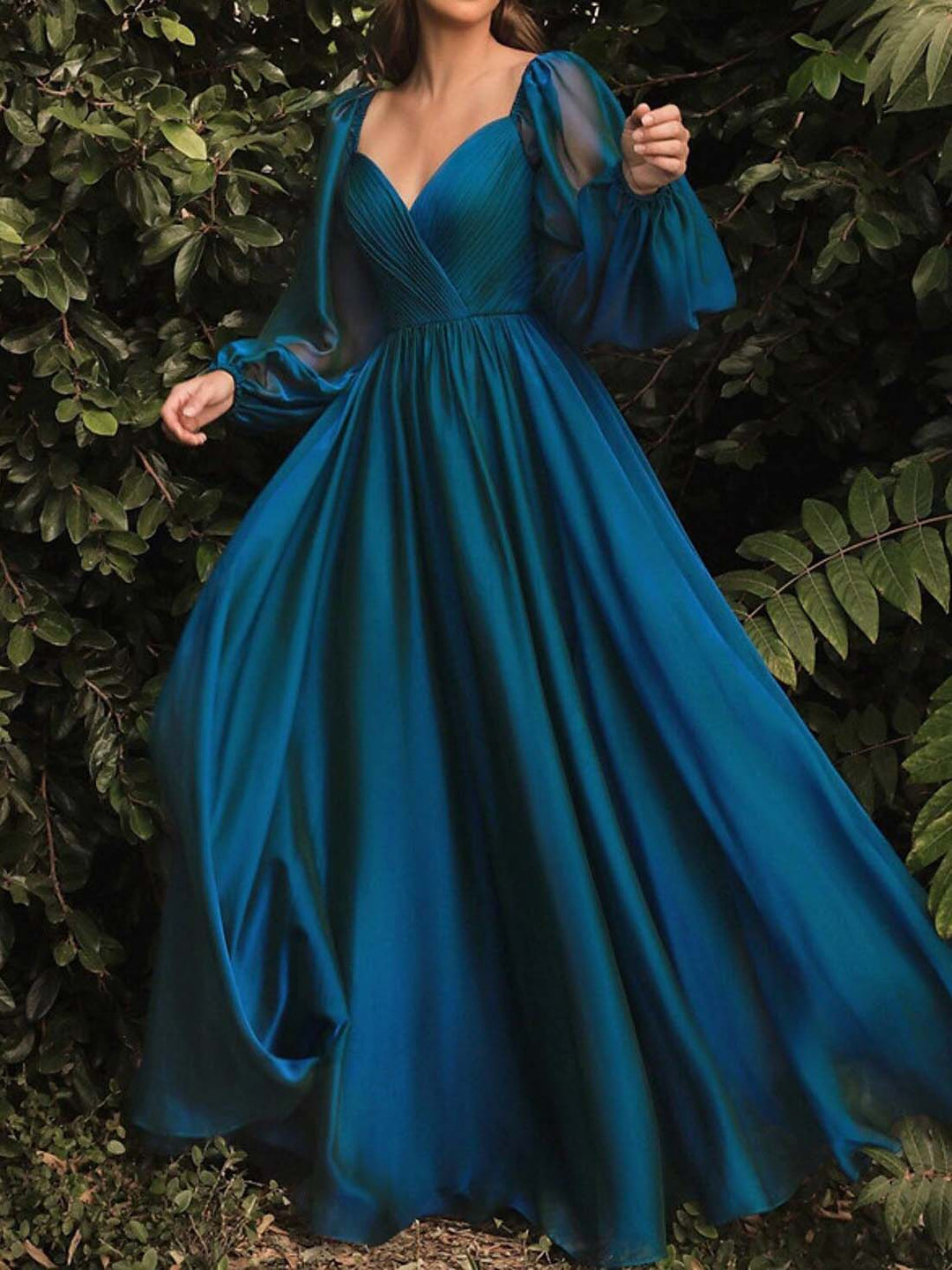 A-Line/Princess V-Neck Long Sleeves Puff Sleeve Floor-length Long Dresses With Pleated BabaMila