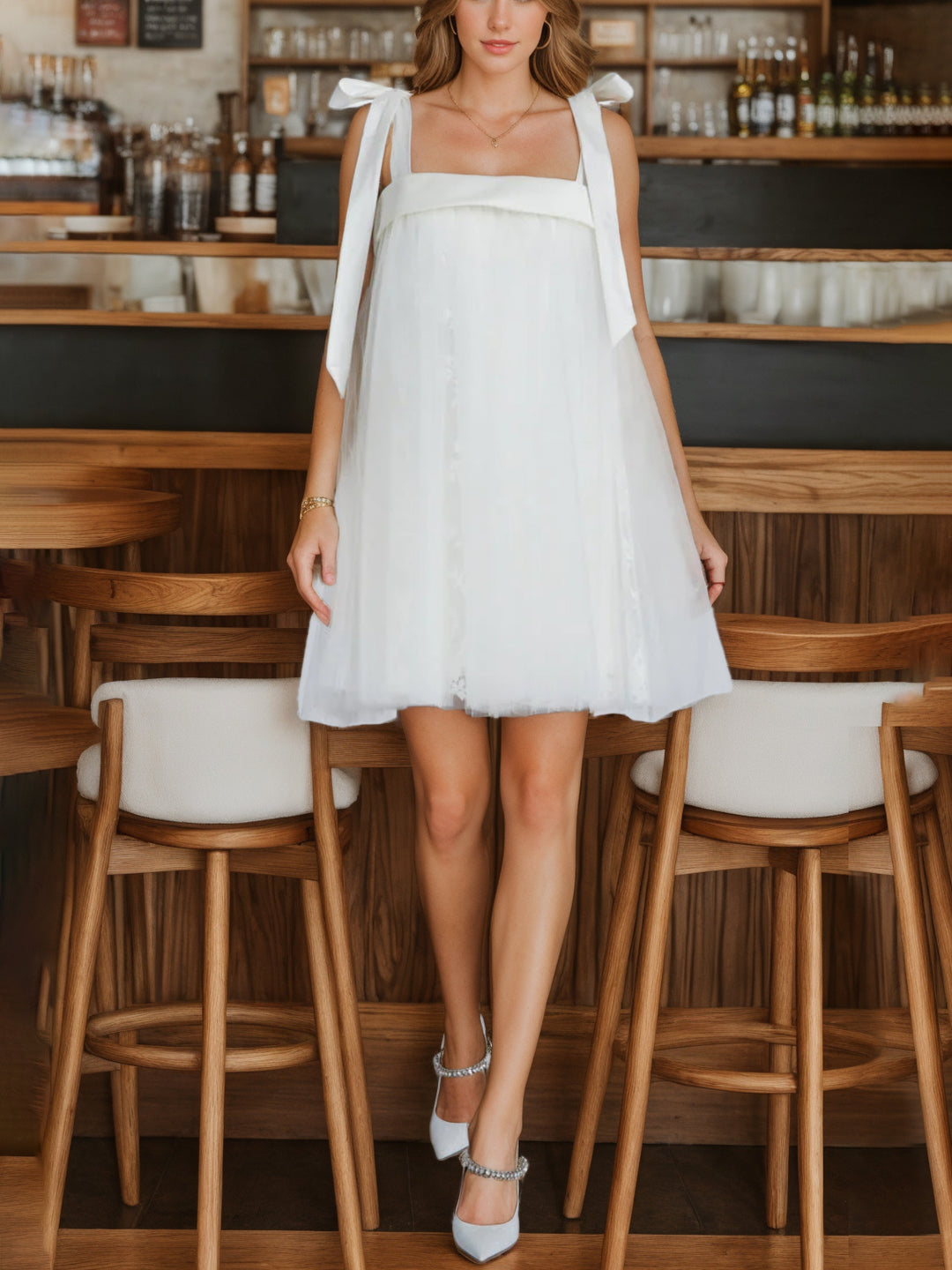 A-Line/Princess Tulle/Satin Square Neck Sleeveless Mini Wedding Dress With Bow BabaMila