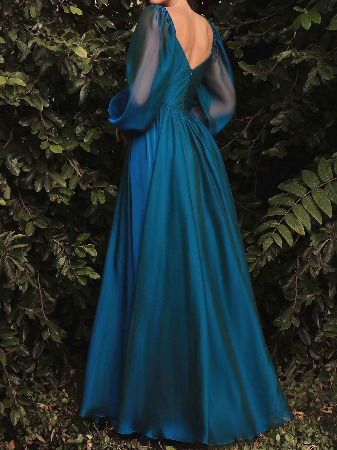 A-Line/Princess V-Neck Long Sleeves Puff Sleeve Floor-length Long Dresses With Pleated BabaMila