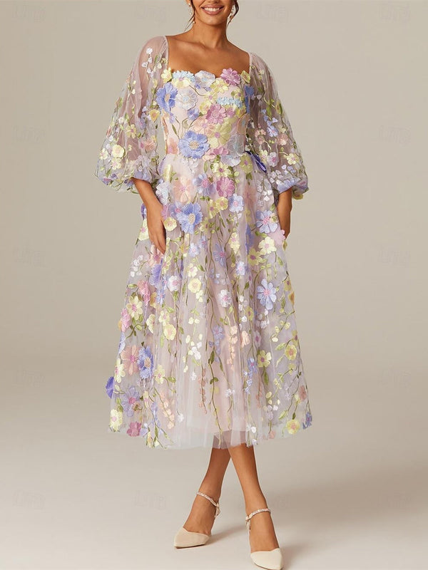 A-Line/Princess Long Sleeves Square Neck Tea-Length Mother Of The Bride Dresses With Appliques BabaMila