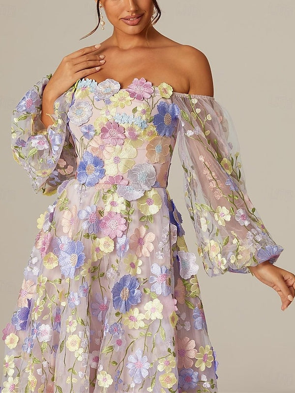 A-Line/Princess Long Sleeves Square Neck Tea-Length Mother Of The Bride Dresses With Appliques BabaMila