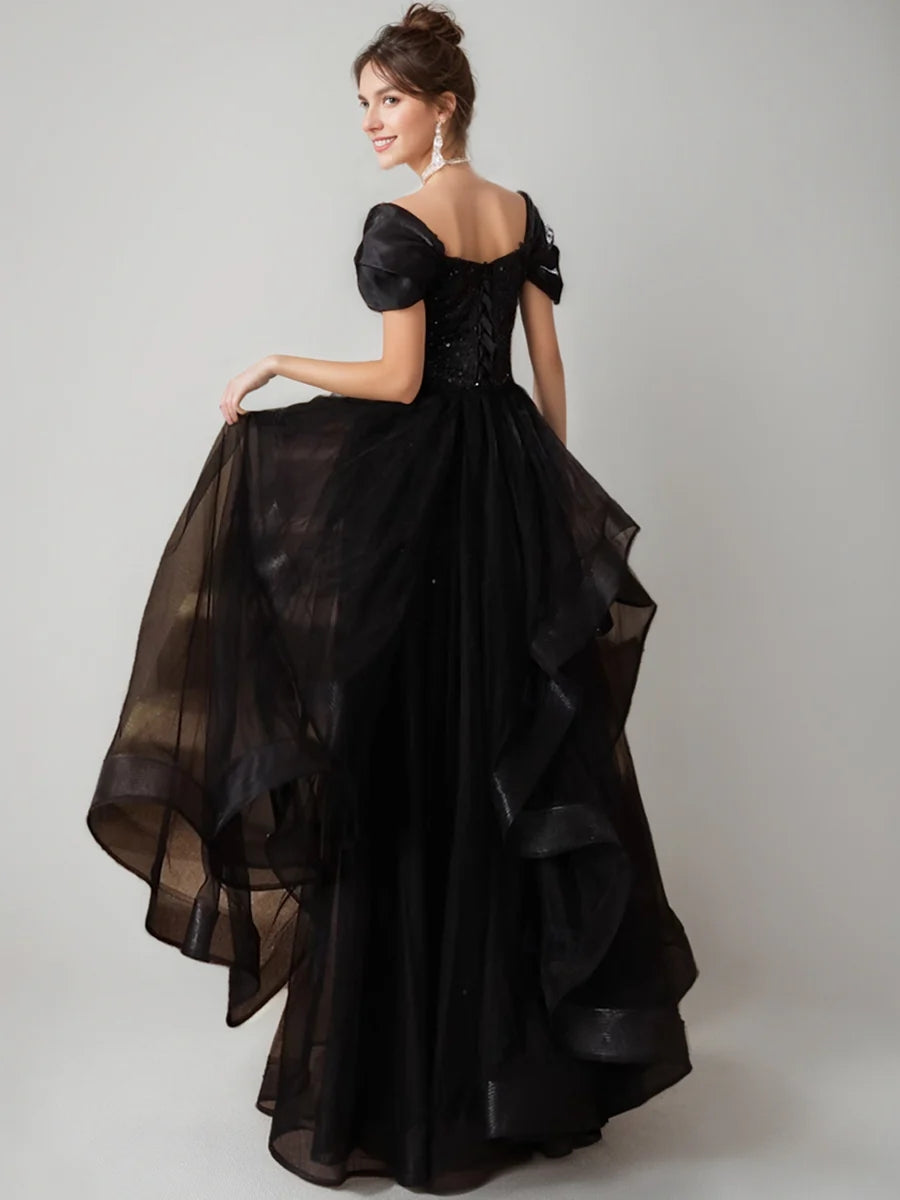 Black Luxurious Short Sleeves Evening Dresses with Sequins & Ruffles BabaMila