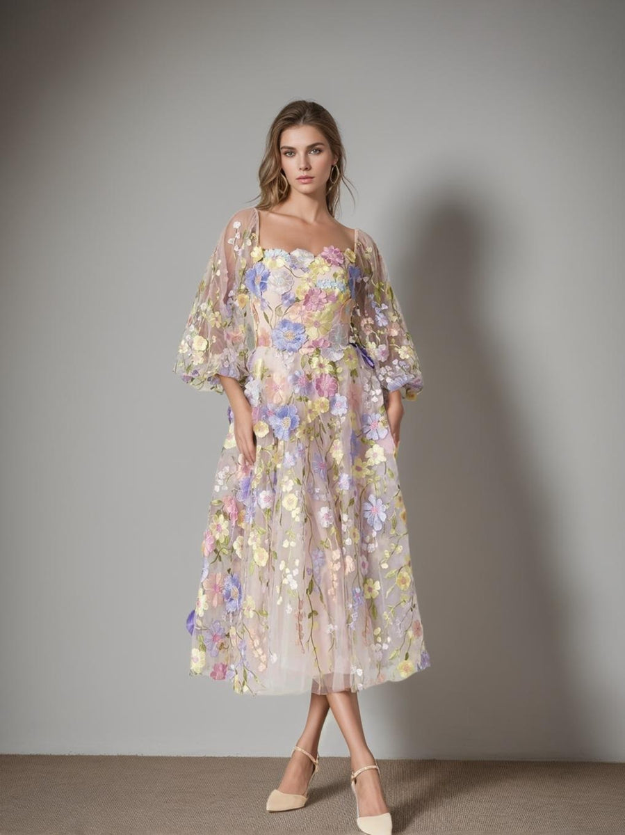 A-Line/Princess Long Sleeves Square Neck Tea-Length Mother Of The Bride Dresses With Appliques BabaMila