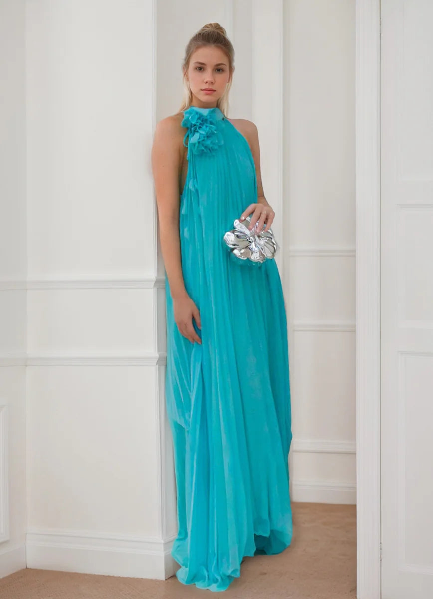 A-Line/Princess Halter Neck Sleeveless Chiffon Prom Dresses with Flower & Ruffles BabaMila