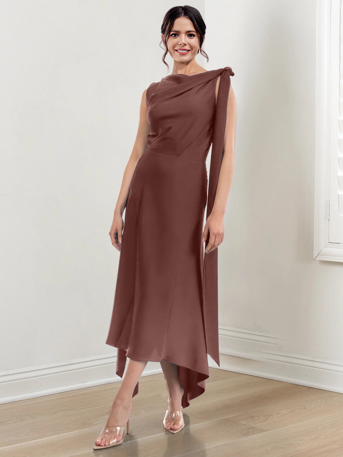 Sheath/Column Jewel Neck Tea-Length Asymmetrical Mother Of The Bride Dresses With Ruched BabaMila