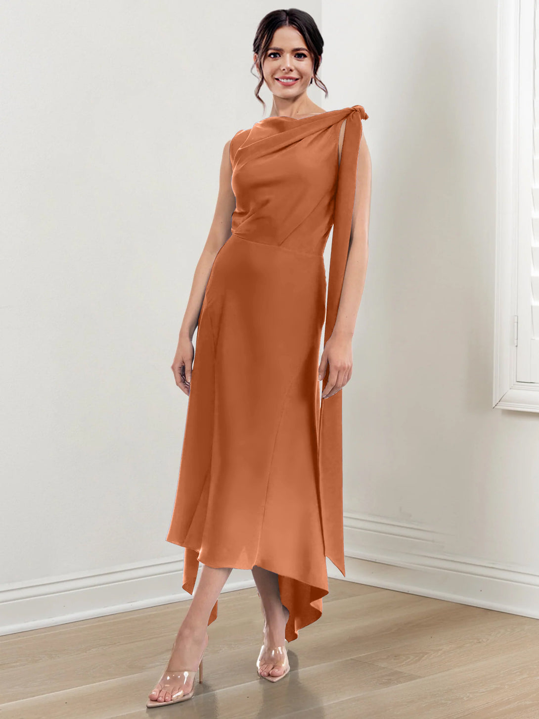 Sheath/Column Jewel Neck Tea-Length Asymmetrical Mother Of The Bride Dresses With Ruched BabaMila