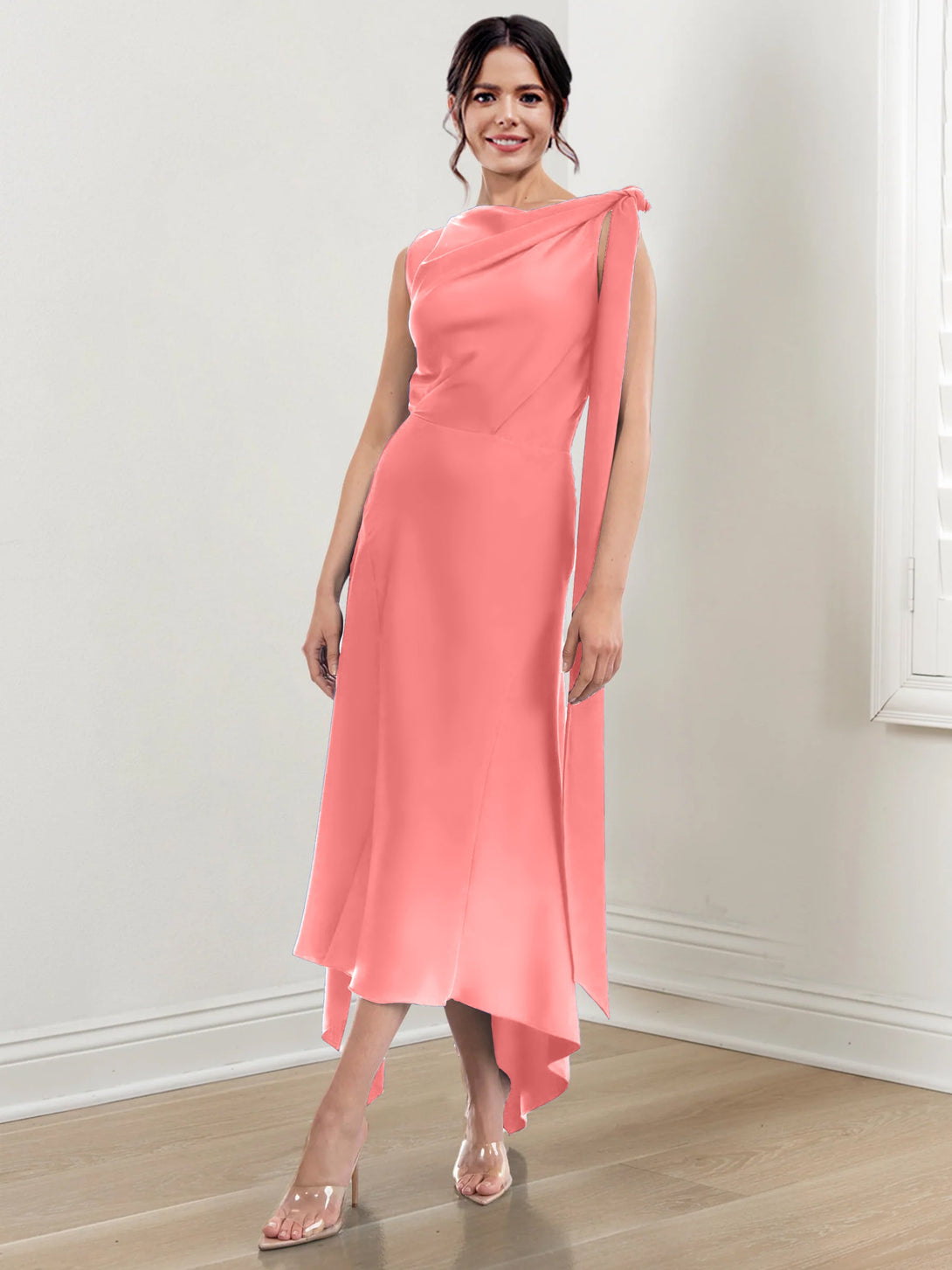 Sheath/Column Jewel Neck Tea-Length Asymmetrical Mother Of The Bride Dresses With Ruched BabaMila