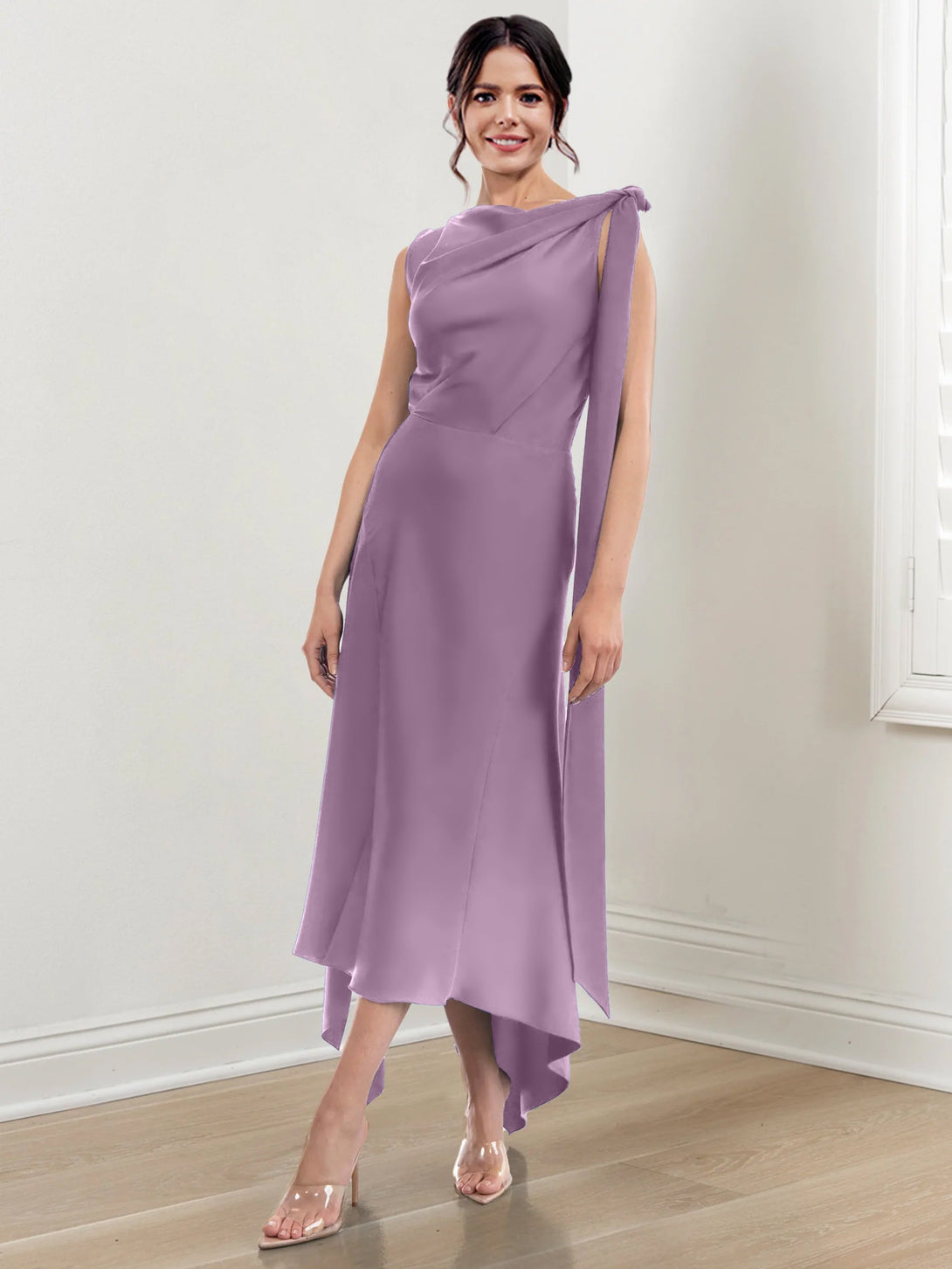 Sheath/Column Jewel Neck Tea-Length Asymmetrical Mother Of The Bride Dresses With Ruched BabaMila