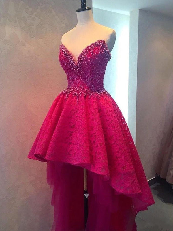 Burgundy High Low Homecoming Dresses Lace Sparkly Short Prom Dress Party Dress Homecoming Dress BabaMila
