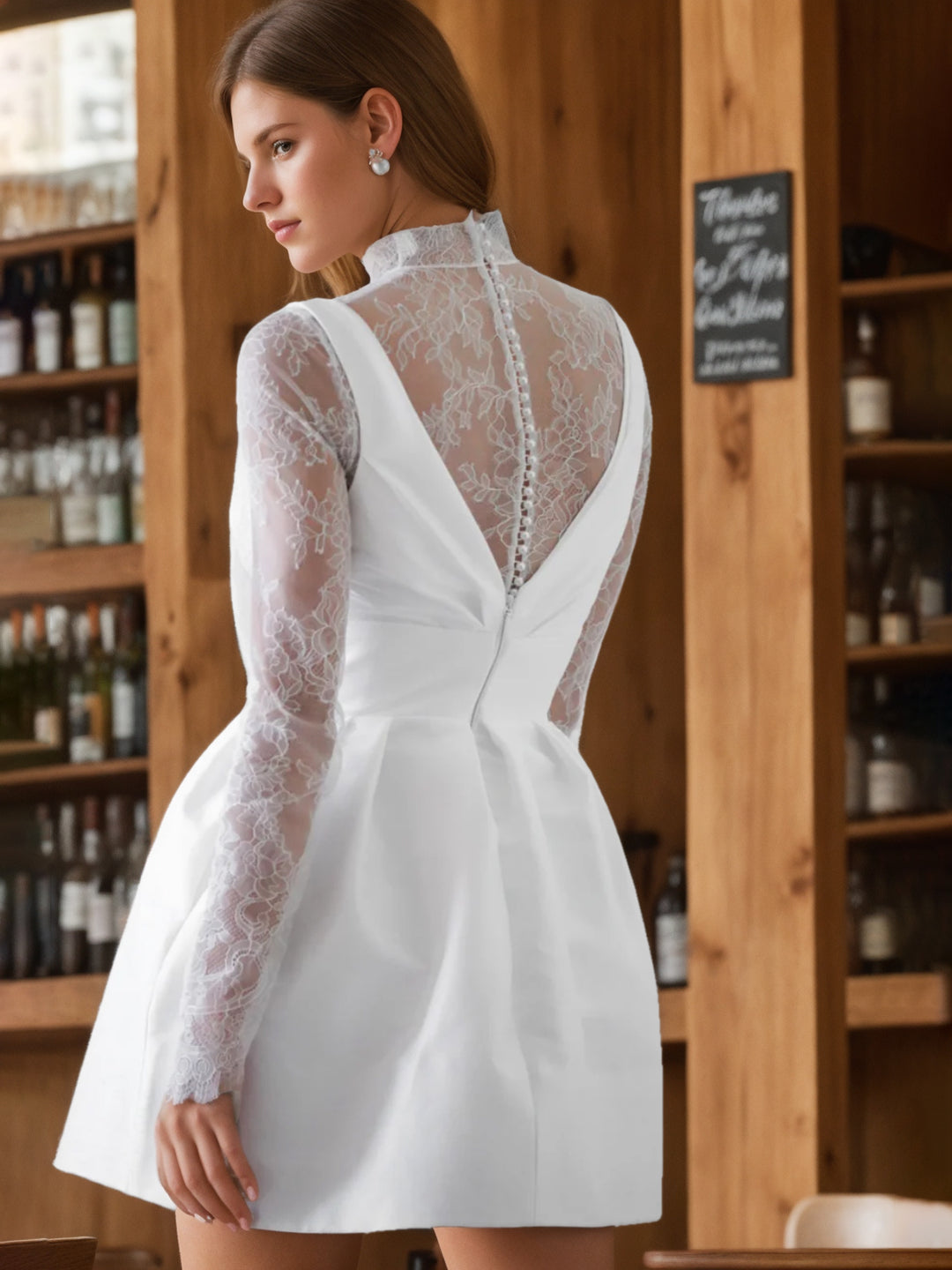 A-Line/Princess High Neck Illusion Long Sleeves Mini Wedding Dress With Lace BabaMila