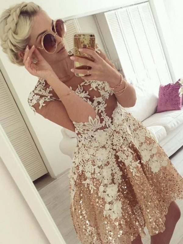 Gold Sequins Long Sleeve Homecoming Dresses Lace Short Prom Dress Party Dress Homecoming Dress BabaMila