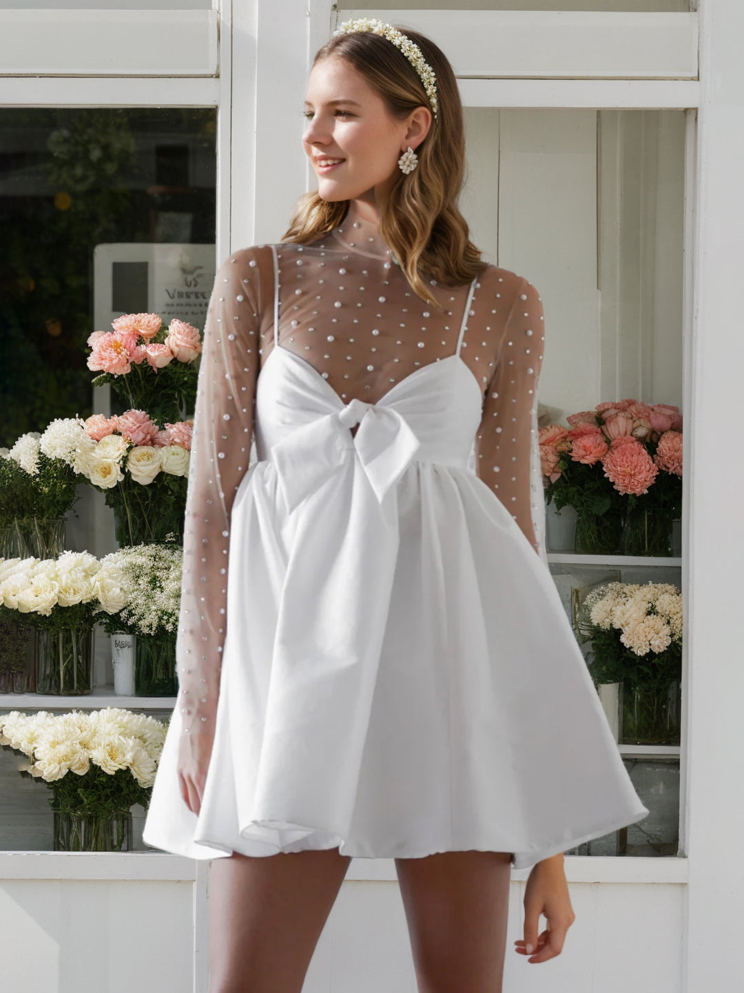 A-Line/Princess High Neck Illusion Spaghetti Straps Long Sleeves Mini Wedding Dress With Bowknot/Beads BabaMila