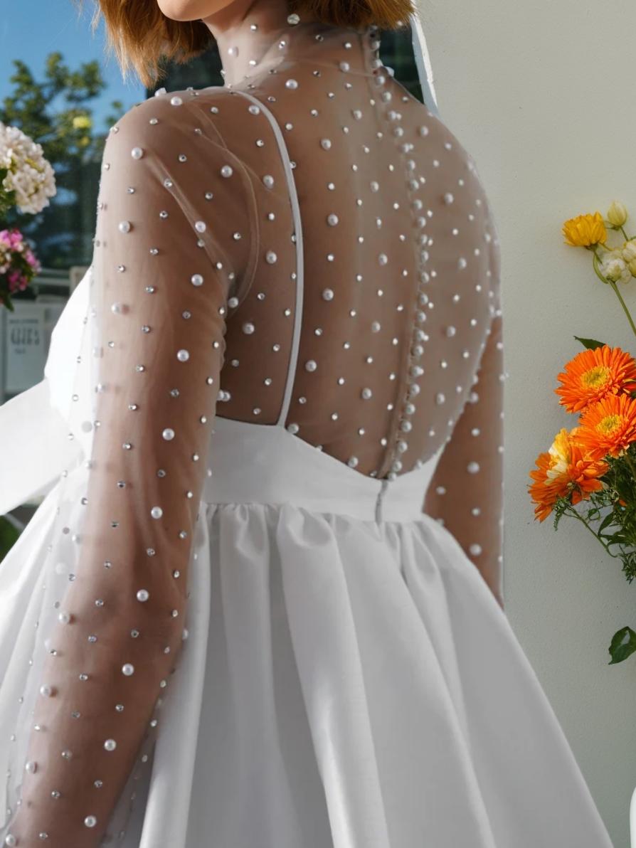 A-Line/Princess High Neck Illusion Spaghetti Straps Long Sleeves Mini Wedding Dress With Bowknot/Beads BabaMila