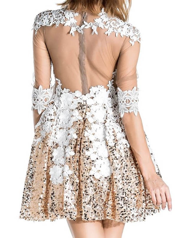 Gold Sequins Long Sleeve Homecoming Dresses Lace Short Prom Dress Party Dress Homecoming Dress BabaMila