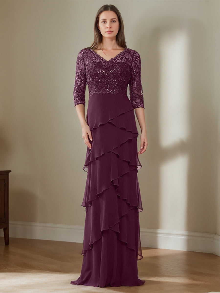 Chiffon Sheath/Column V-Neck Elegant Mother Of The Bride & Groom Dresses With Appliques & Ruffles BabaMila