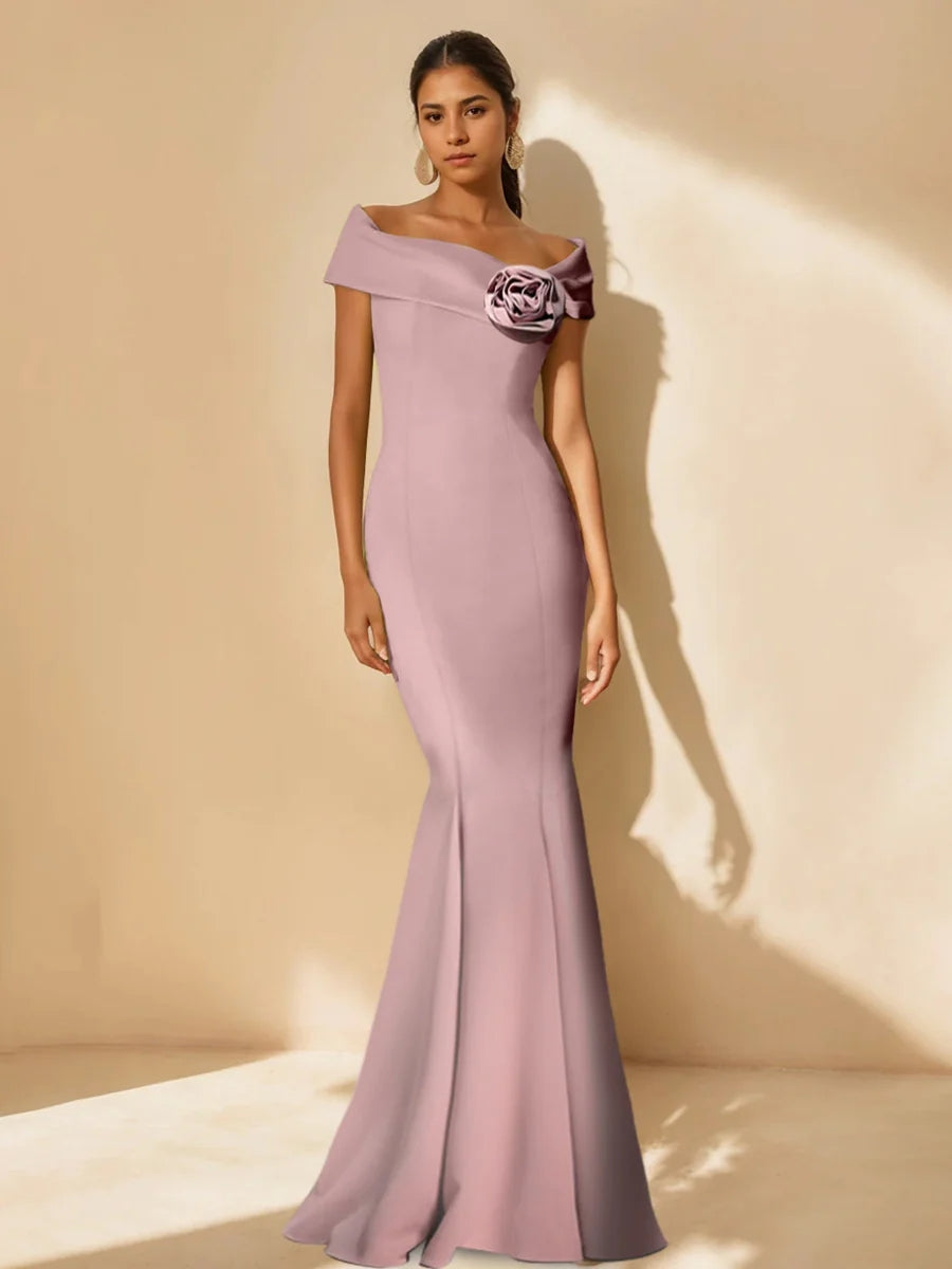 Trumpet/Mermaid Off-the-Shoulder Minimalist Mother of the Bride Dresses with Detachable Flower BabaMila