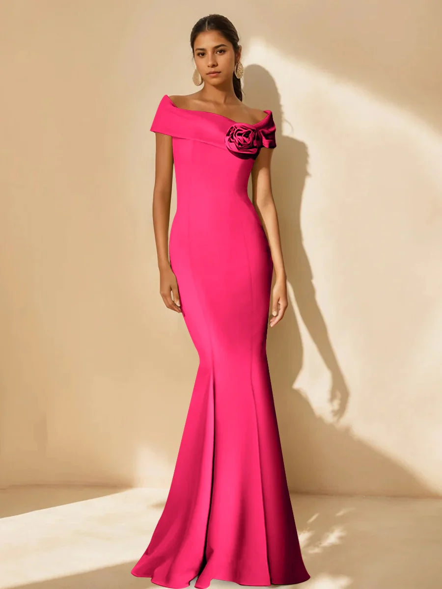 Trumpet/Mermaid Off-the-Shoulder Minimalist Mother of the Bride Dresses with Detachable Flower BabaMila