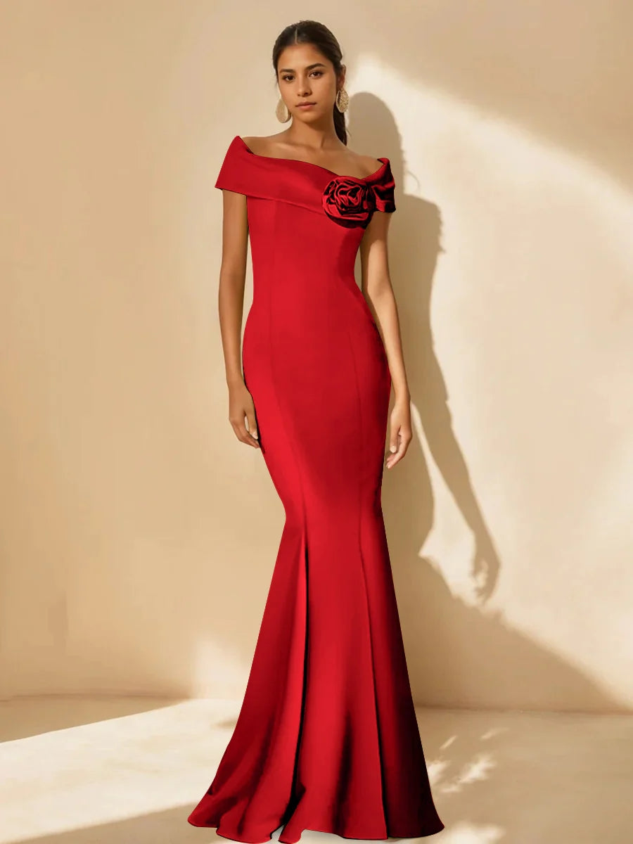 Trumpet/Mermaid Off-the-Shoulder Minimalist Mother of the Bride Dresses with Detachable Flower BabaMila