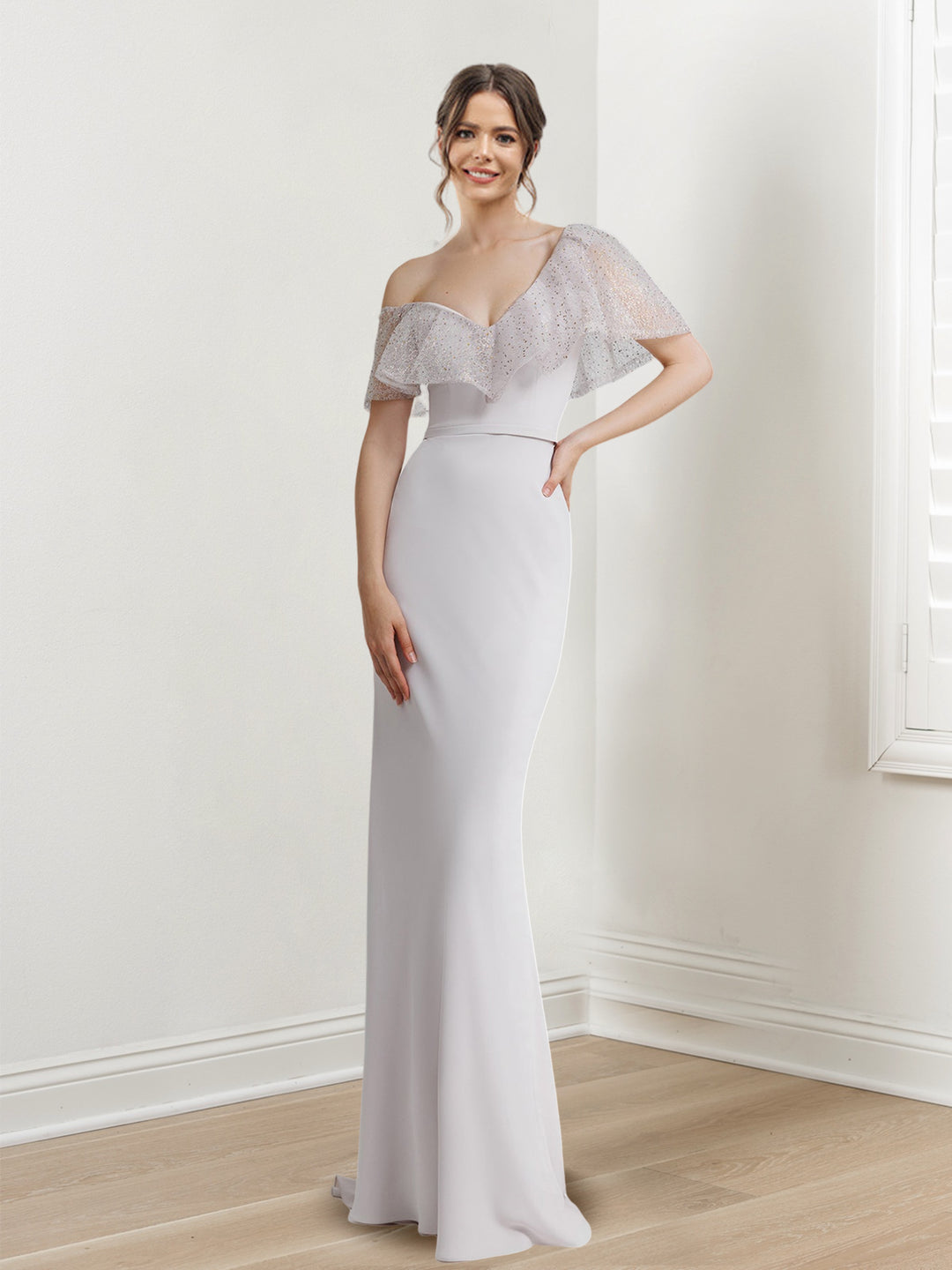 Sheath/Column Asymmetrical Off-The-Shoulder Short Sleeves Floor-Length Long Evening Dresses with Sequins BabaMila