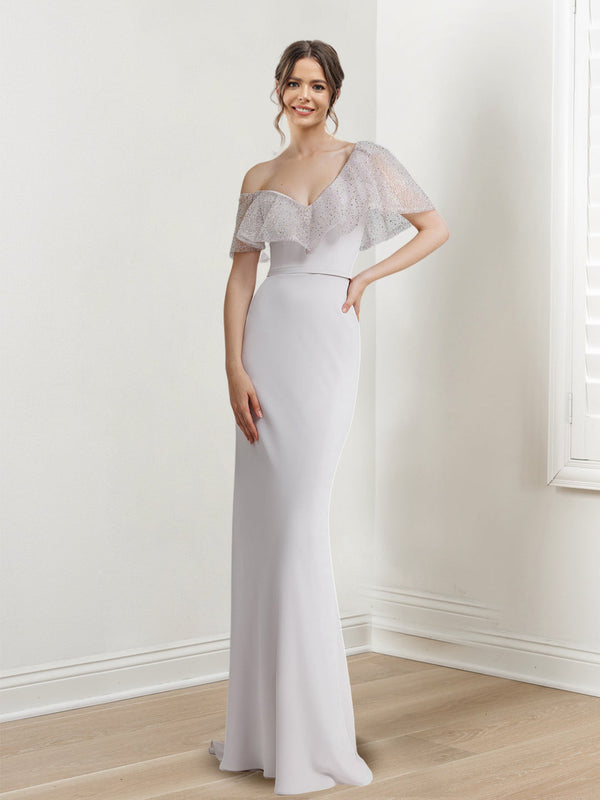 Sheath/Column Asymmetrical Off-The-Shoulder Short Sleeves Floor-Length Long Evening Dresses with Sequins BabaMila