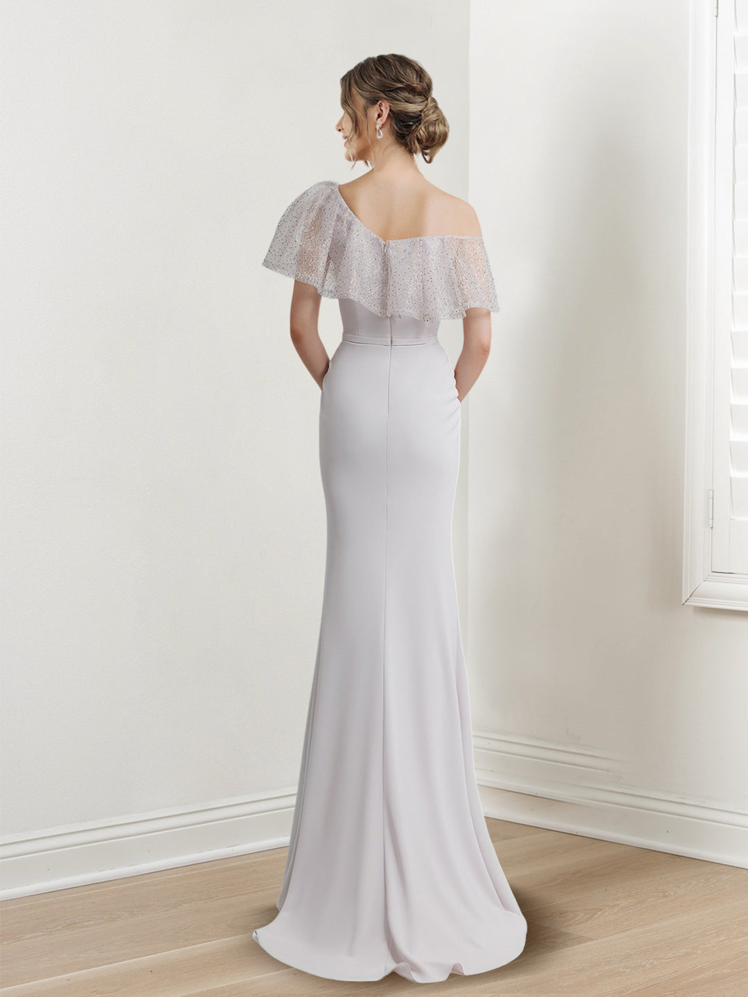 Sheath/Column Asymmetrical Off-The-Shoulder Short Sleeves Floor-Length Long Evening Dresses with Sequins BabaMila