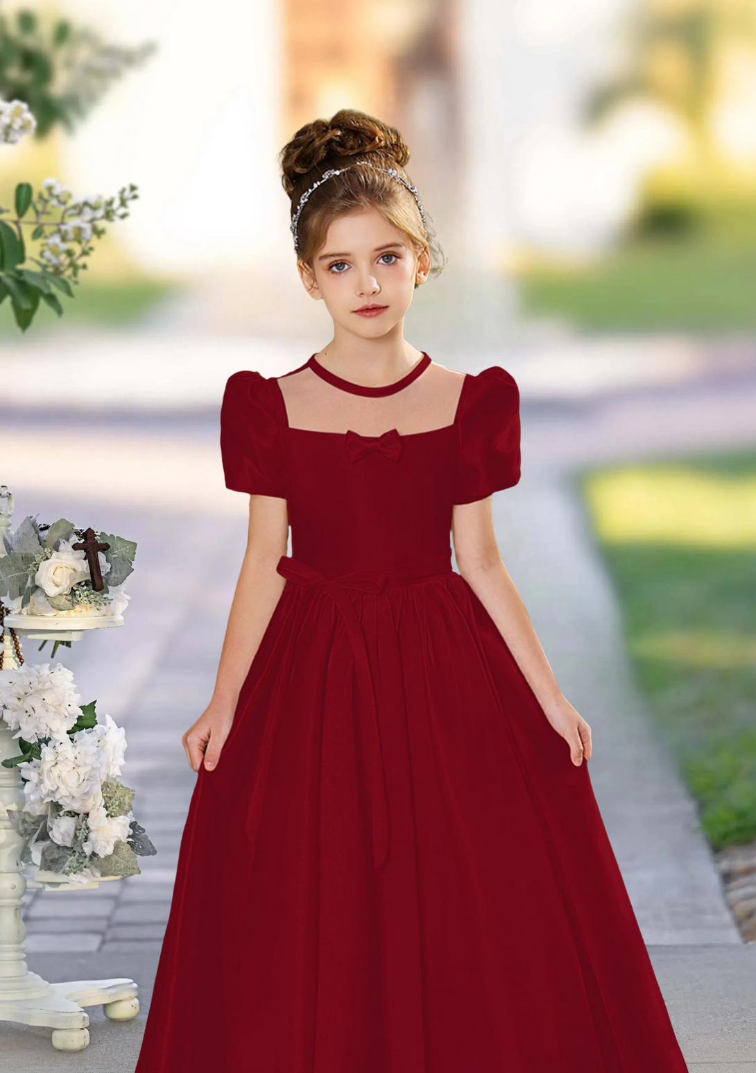 A-Line Square Neck Short Sleeve Floor-Length Satin Holiday＆Christmas Dresses With Belt/Bow Girls Gidiondress Burgundy 12M