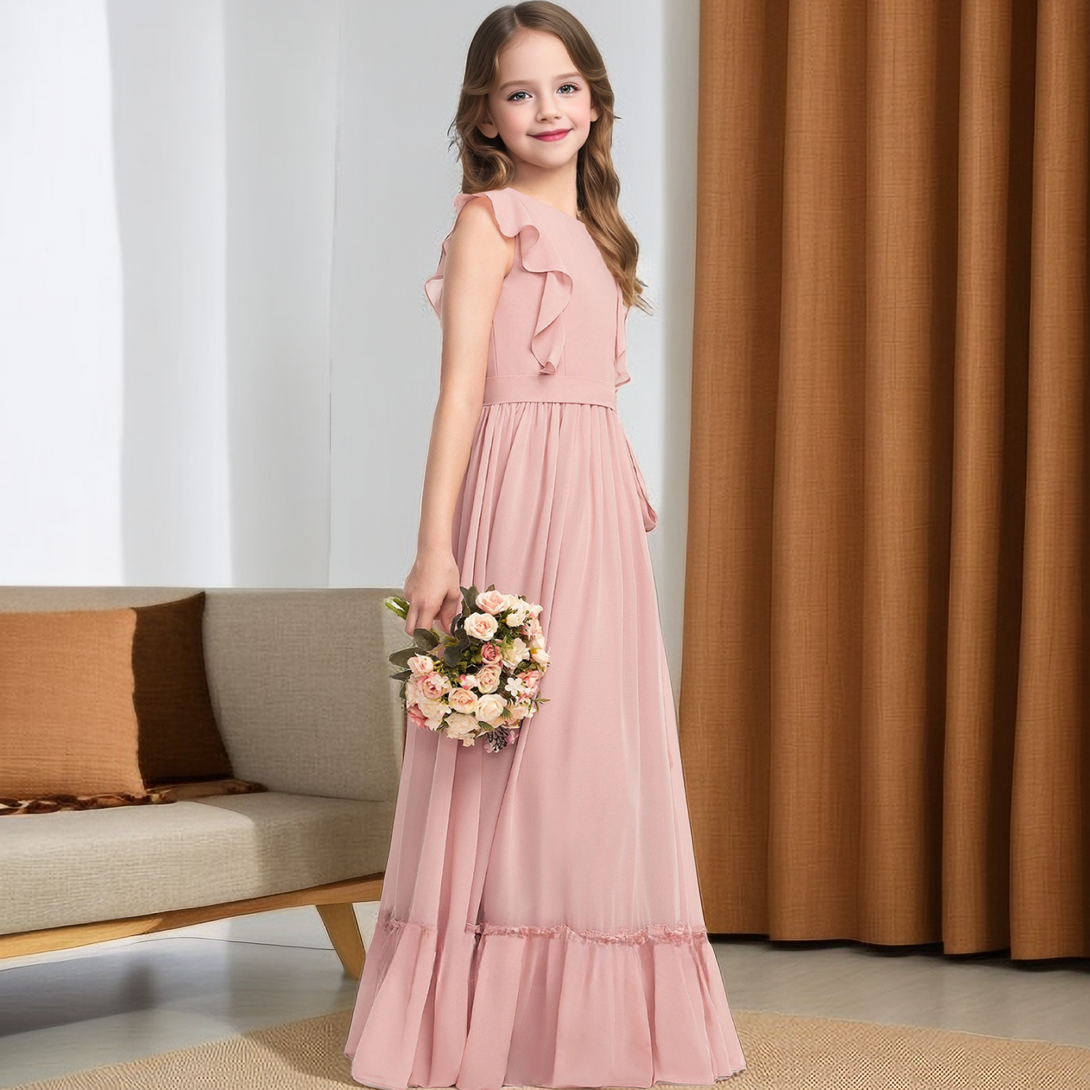 Scoop Neck Flutter Straps Floor-Length Chiffon Junior Bridesmaid Dress/Girls Birthday Dresses With Ruffled Hem/Belt/Pleated Girls Gidiondress as picture 12M
