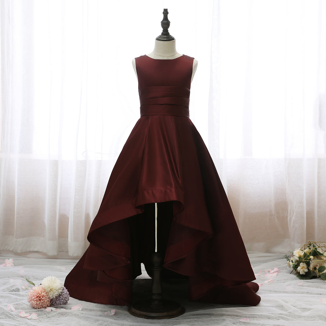 Boat Neck Sleeveless Floor-Length Asymmetrical Satin Girls Birthday Dresses With Pleated Gidiondress