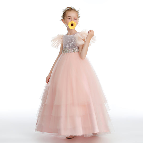 Ball Gown/Princess Flutter straps Scoop Neck Floor-Length Satin/Sequins/Tulle Flower Girl Dresses With Sequins/Beads Belt Girls Gidiondress
