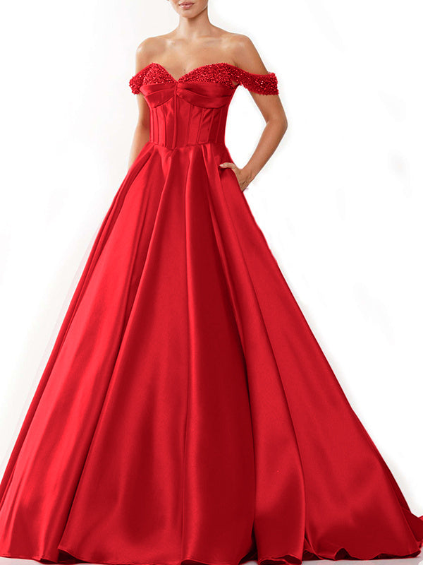 A-Line/Princess Off-The-Shoulder Sleeveless Sweep Train Satin Evening Dresses With Sequins BabaMila