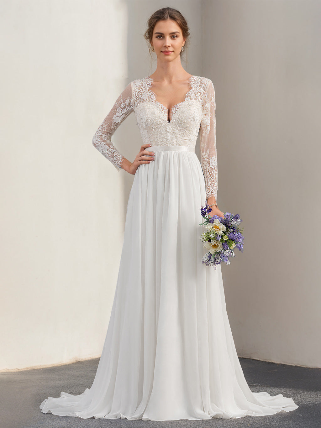A-Line/Princess Deep V-Neck Long Sleeves Floor-Length Unique Wedding Dress with Lace Appliques BabaMila