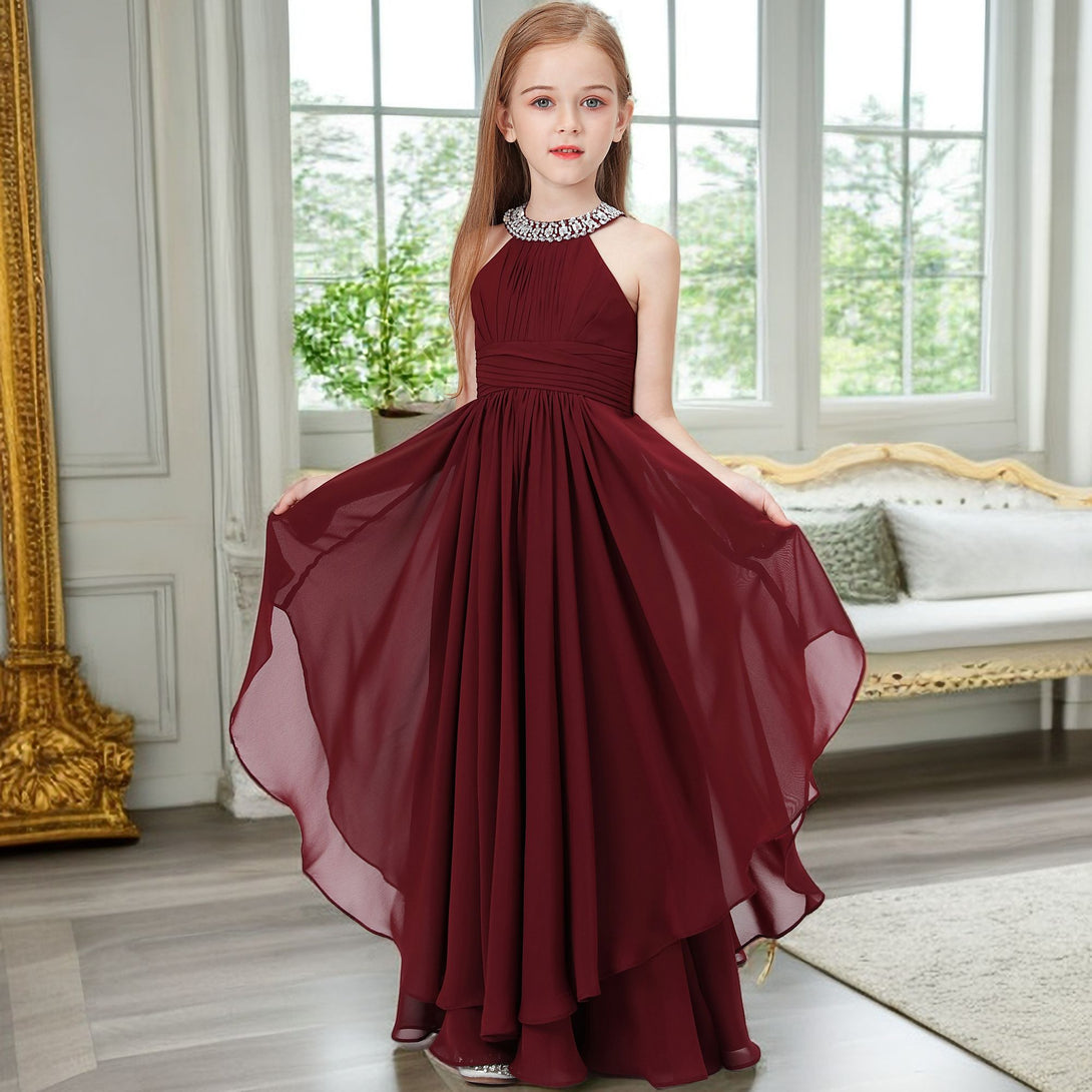 Halter Sleeveless Chiffon Floor-Length Junior Bridesmaid Dress/Girls Birthday Dresses With Pleated/Belt/Beads Gidiondress
