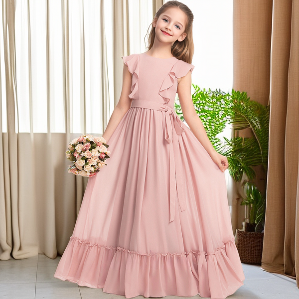 Scoop Neck Flutter Straps Floor-Length Chiffon Junior Bridesmaid Dress/Girls Birthday Dresses With Ruffled Hem/Belt/Pleated Girls Gidiondress