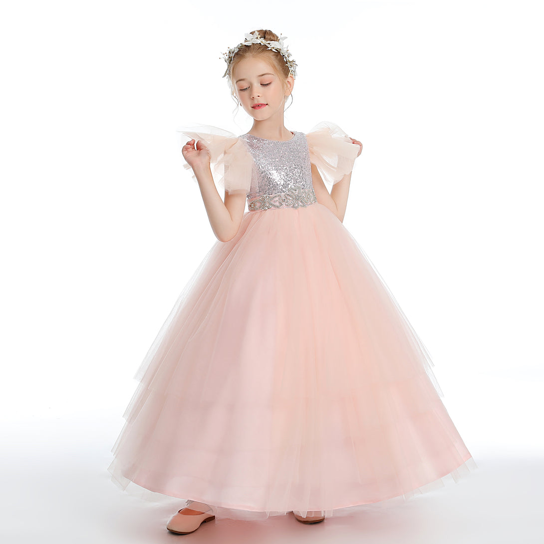 Ball Gown/Princess Flutter straps Scoop Neck Floor-Length Satin/Sequins/Tulle Flower Girl Dresses With Sequins/Beads Belt Girls Gidiondress as picture 12M