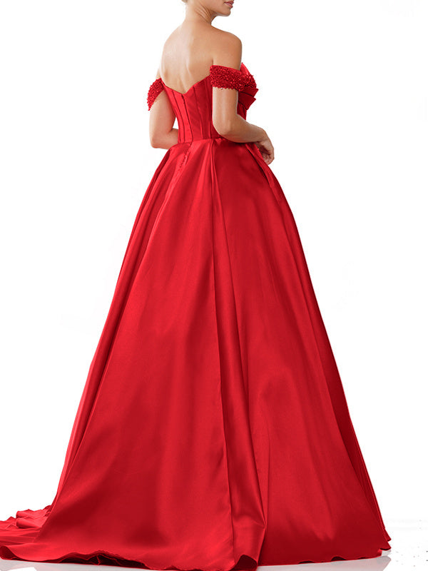 A-Line/Princess Off-The-Shoulder Sleeveless Sweep Train Satin Evening Dresses With Sequins BabaMila