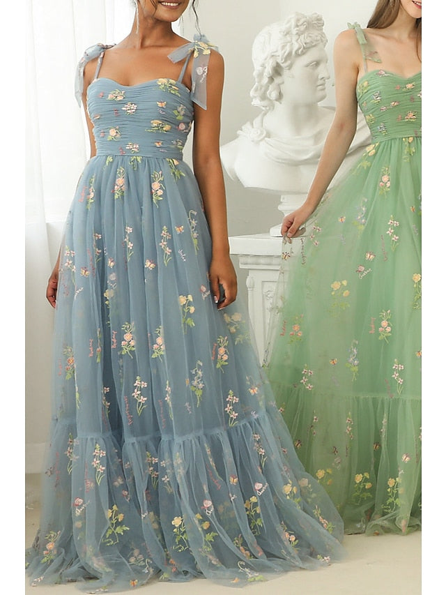 A-Line/Princess Spaghetti Straps Lace/Tulle Dusty Blue Floor-length Long Prom Floral Dresses BabaMila