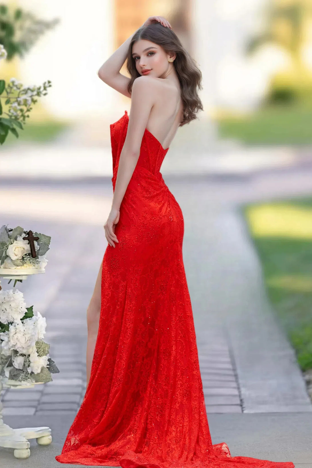 Trumpet/Mermaid Sweetheart Lace Sweep Train Prom Dress with Slit BabaMila