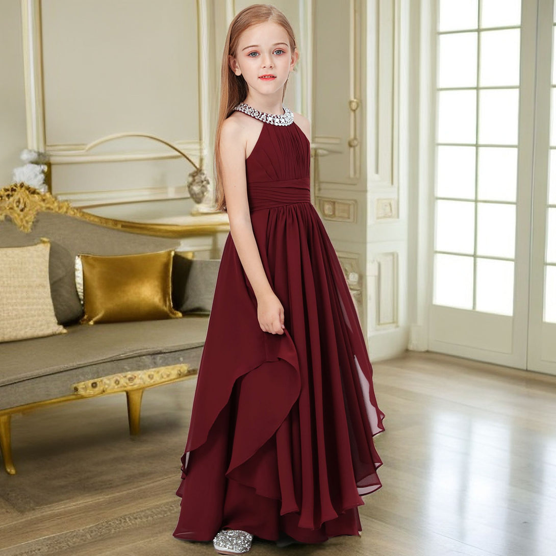 Halter Sleeveless Chiffon Floor-Length Junior Bridesmaid Dress/Girls Birthday Dresses With Pleated/Belt/Beads Gidiondress