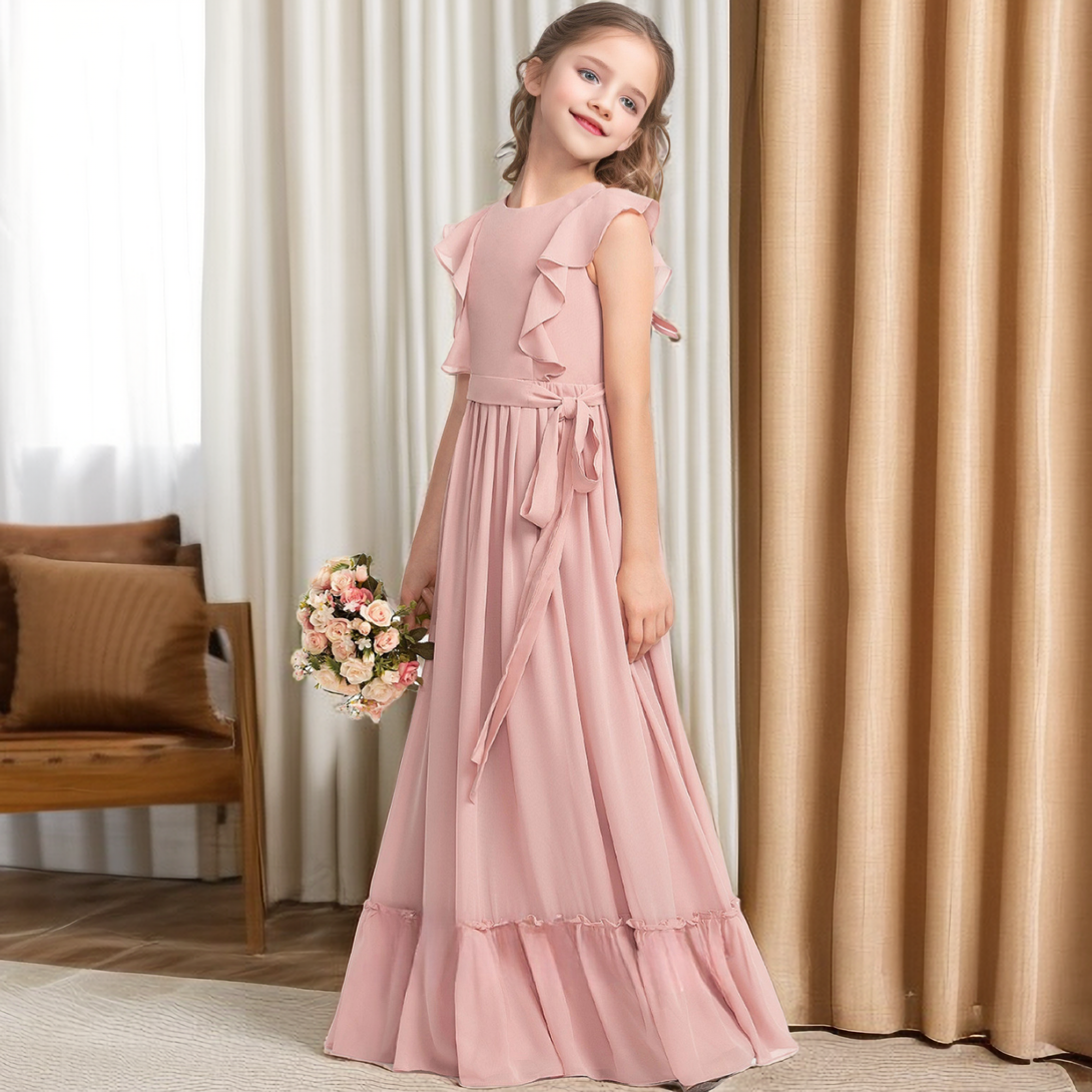 Scoop Neck Flutter Straps Floor-Length Chiffon Junior Bridesmaid Dress/Girls Birthday Dresses With Ruffled Hem/Belt/Pleated Girls Gidiondress