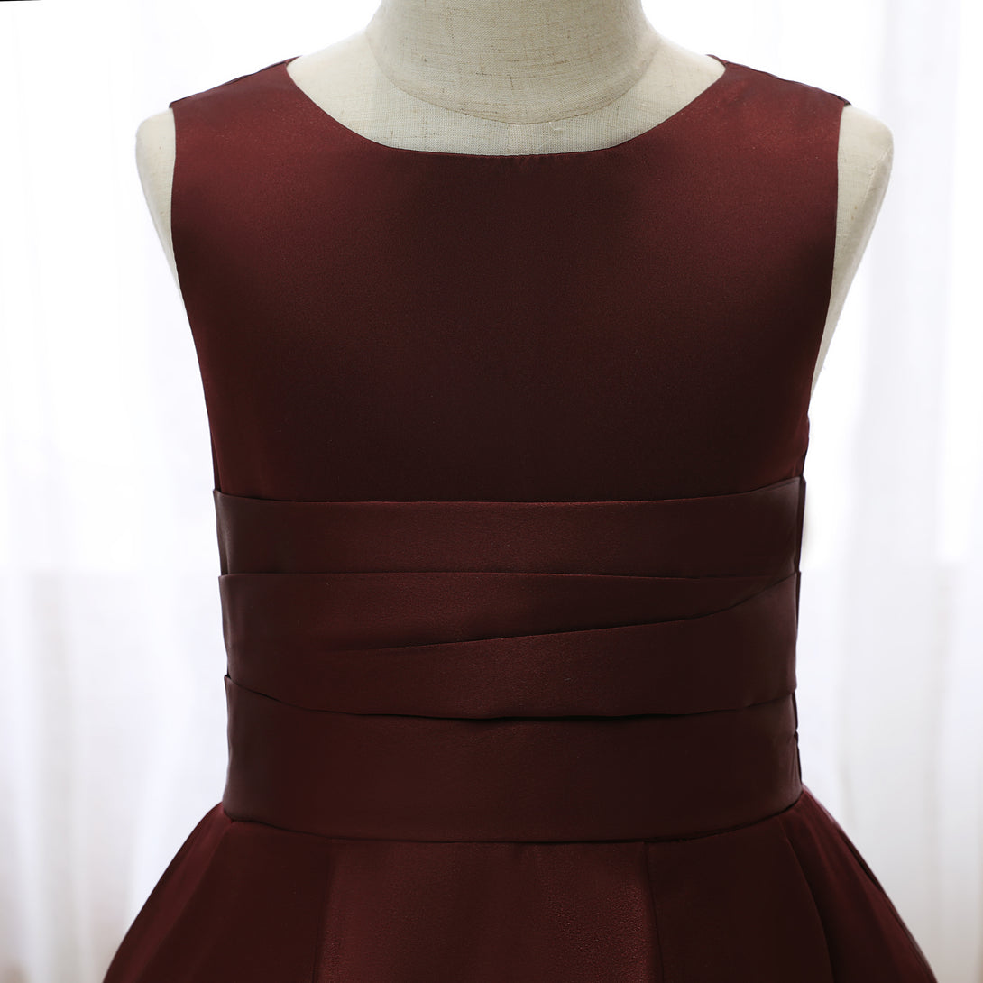 Boat Neck Sleeveless Floor-Length Asymmetrical Satin Girls Birthday Dresses With Pleated Gidiondress