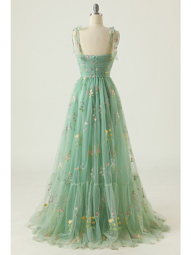 A-Line/Princess Spaghetti Straps Lace/Tulle Dusty Blue Floor-length Long Prom Floral Dresses BabaMila