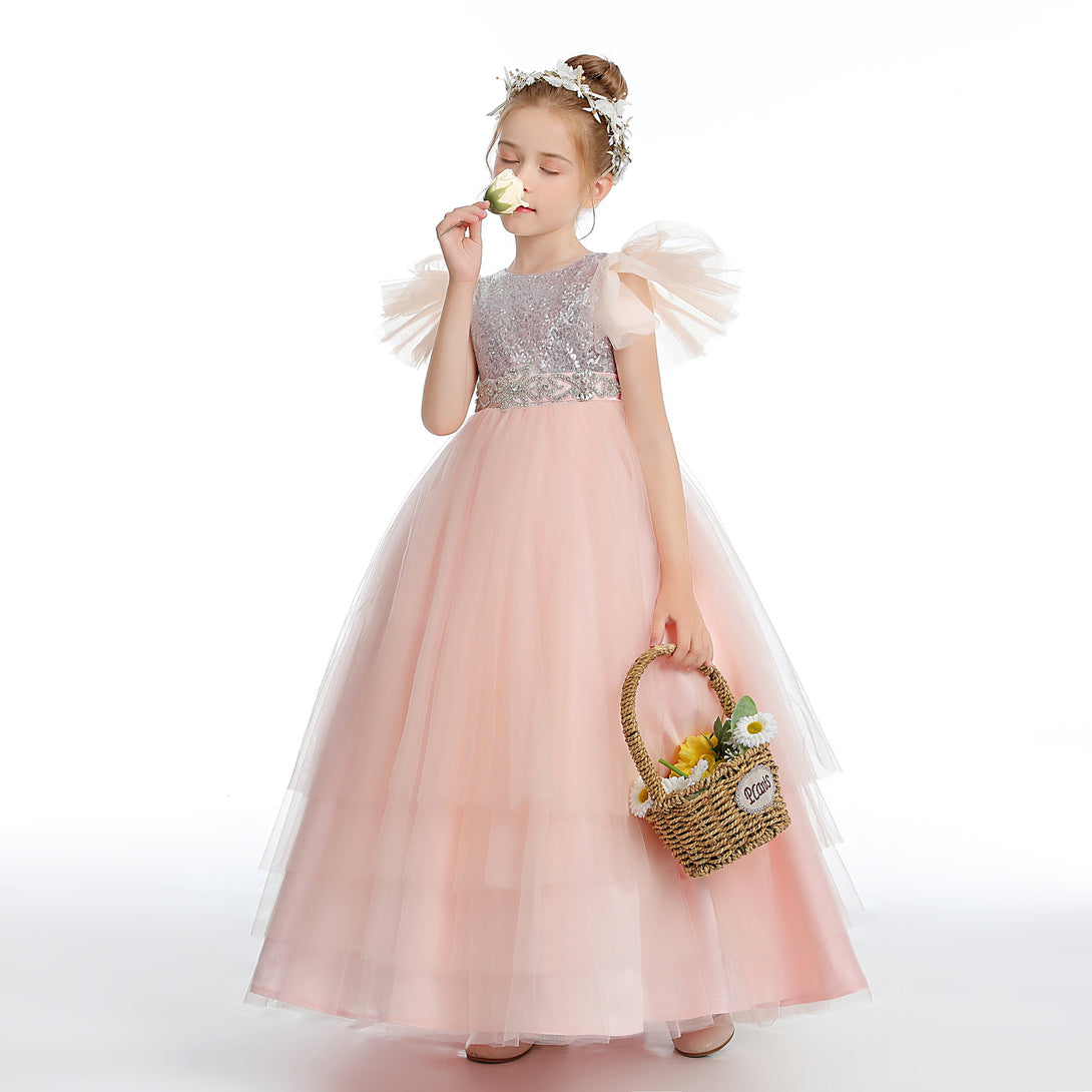 Ball Gown/Princess Flutter straps Scoop Neck Floor-Length Satin/Sequins/Tulle Flower Girl Dresses With Sequins/Beads Belt Girls Gidiondress