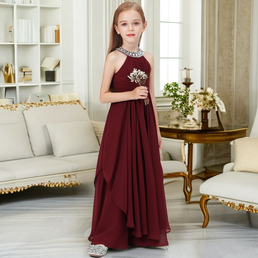 Halter Sleeveless Chiffon Floor-Length Junior Bridesmaid Dress/Girls Birthday Dresses With Pleated/Belt/Beads Gidiondress