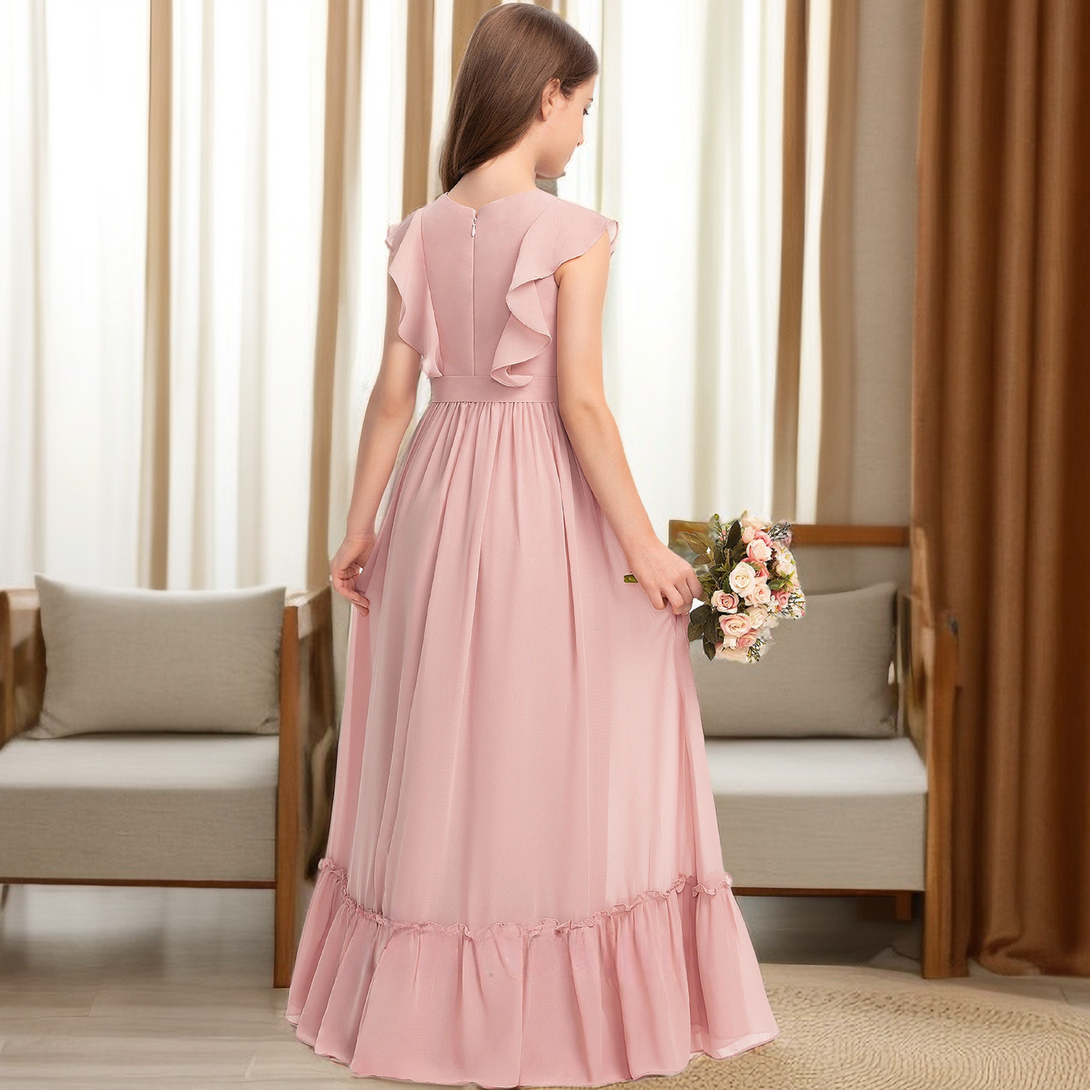 Scoop Neck Flutter Straps Floor-Length Chiffon Junior Bridesmaid Dress/Girls Birthday Dresses With Ruffled Hem/Belt/Pleated Girls Gidiondress