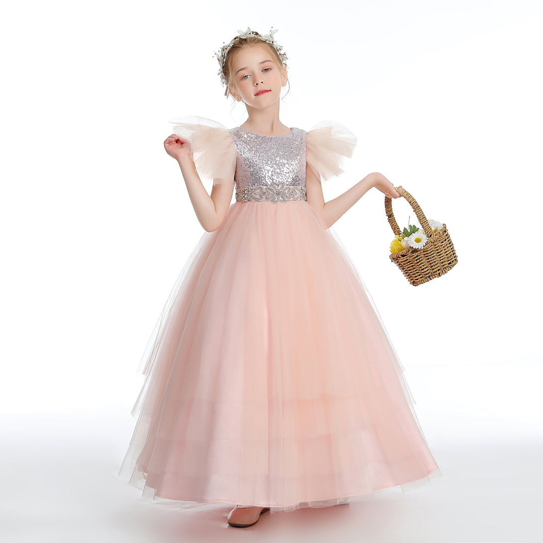 Ball Gown/Princess Flutter straps Scoop Neck Floor-Length Satin/Sequins/Tulle Flower Girl Dresses With Sequins/Beads Belt Girls Gidiondress