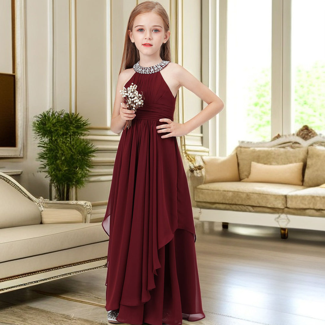 Halter Sleeveless Chiffon Floor-Length Junior Bridesmaid Dress/Girls Birthday Dresses With Pleated/Belt/Beads Gidiondress as picture 12M