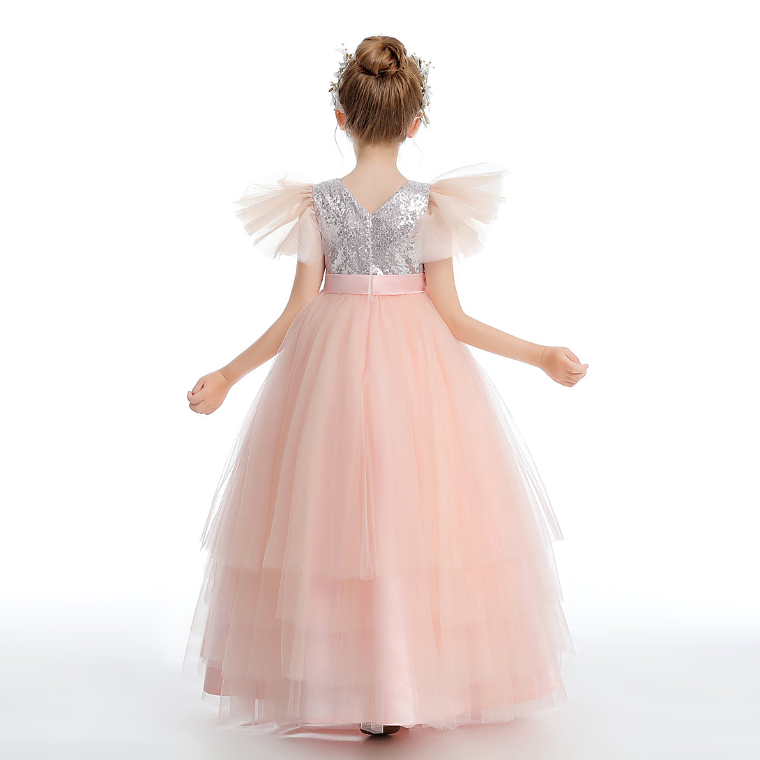 Ball Gown/Princess Flutter straps Scoop Neck Floor-Length Satin/Sequins/Tulle Flower Girl Dresses With Sequins/Beads Belt Girls Gidiondress