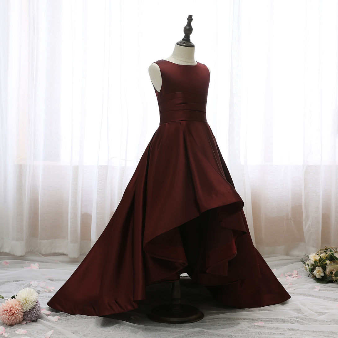 Boat Neck Sleeveless Floor-Length Asymmetrical Satin Girls Birthday Dresses With Pleated Gidiondress