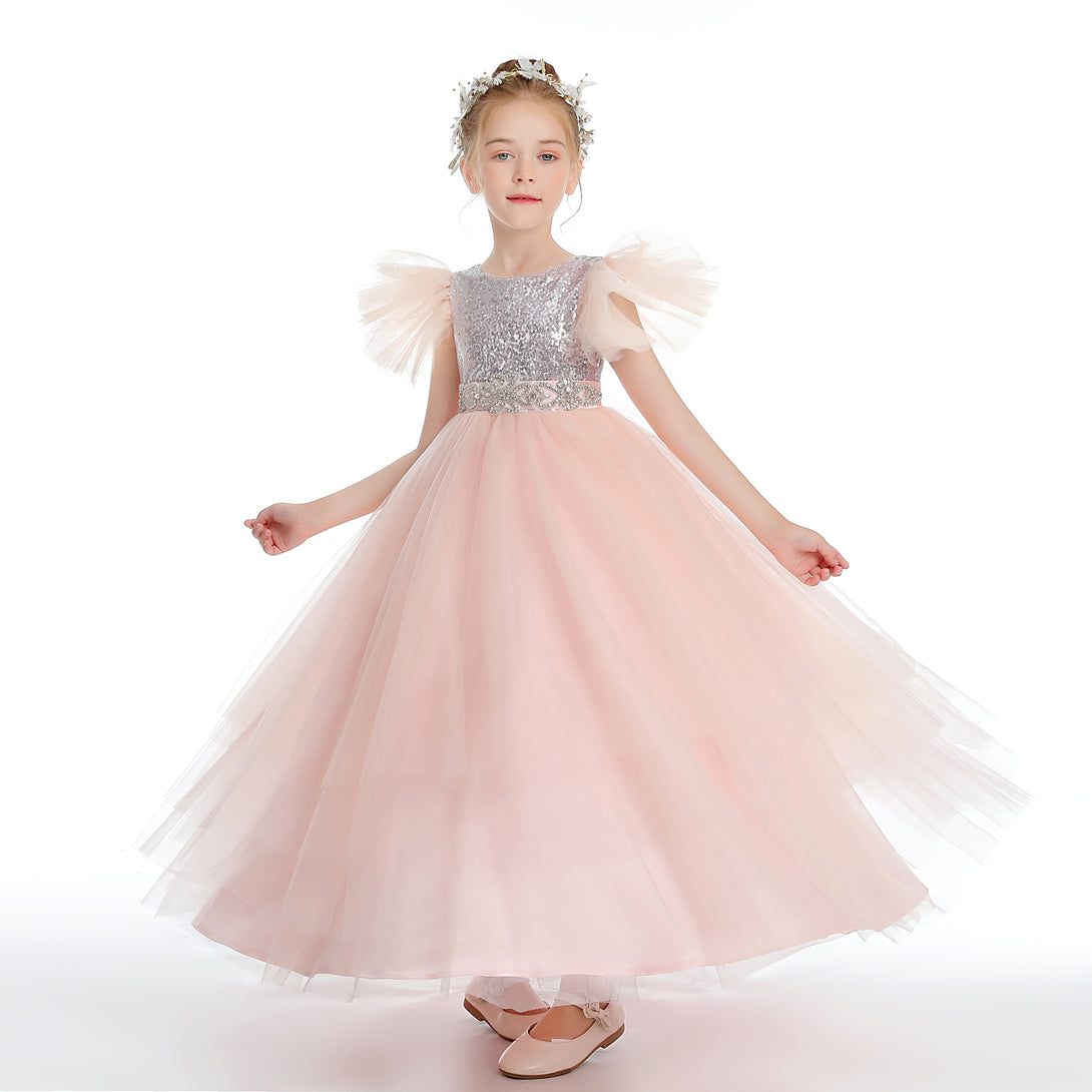 Ball Gown/Princess Flutter straps Scoop Neck Floor-Length Satin/Sequins/Tulle Flower Girl Dresses With Sequins/Beads Belt Girls Gidiondress